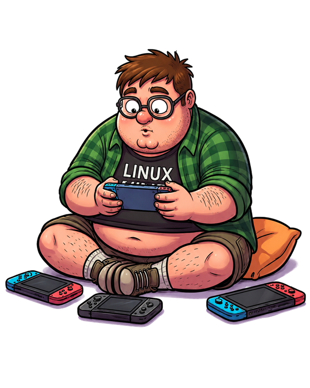 Mascote Gordão Tech jogando no Nintendo Switch