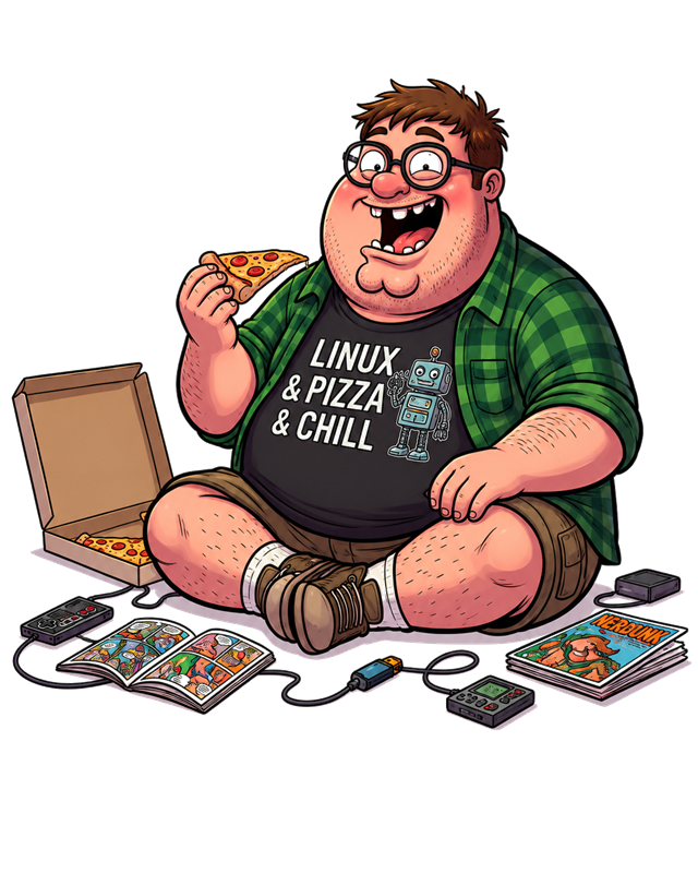 Mascote Gordão Tech relaxando com pizza e games